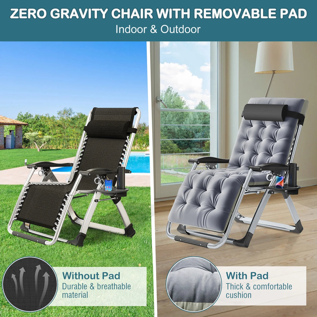 NAIZEA 2 Pack Zero Gravity Chair. Foldable Portable Lawn Recliner with Cushion. Headrest. Cup Holder. Black