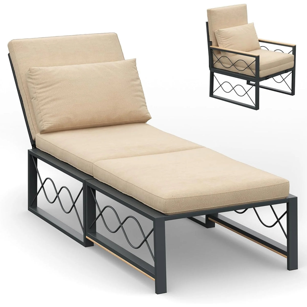 AECOJOY Outdoor Metal Chaise Lounge Chair. Convertible Patio Armchair with Cushions. Adjustable 5-Position Recliner
