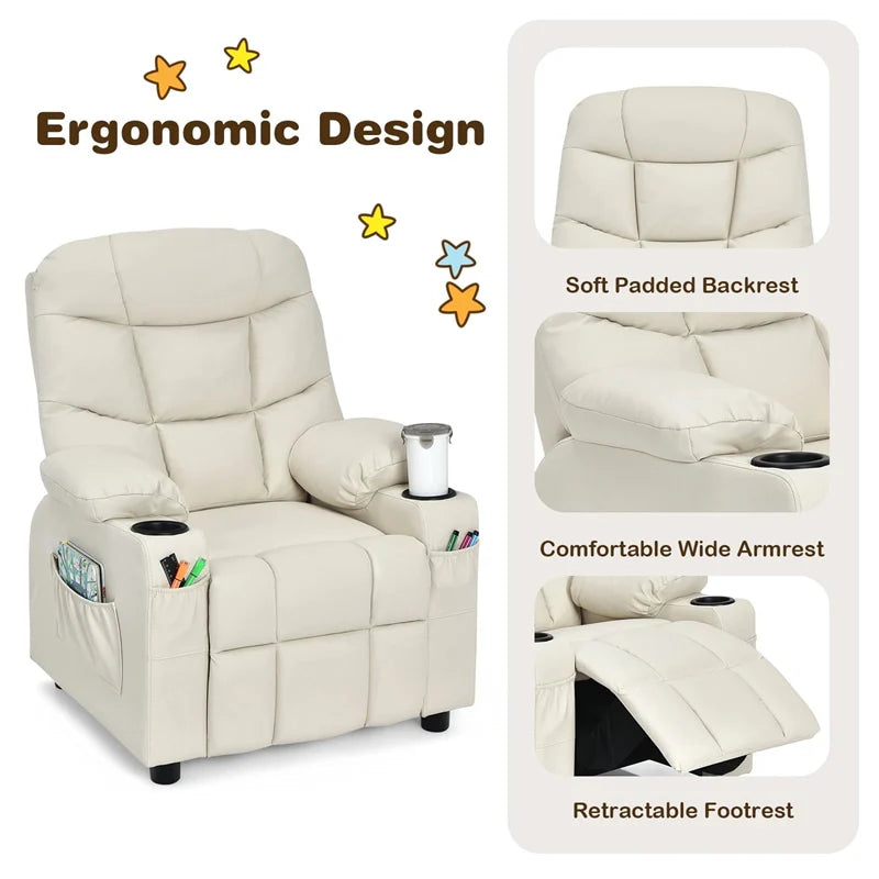Kids Recliner Chair PU Leather Adjustable Lounge Sofa with Cup Holder. 3 Pockets & Retractable Footrest. Ergonomic Toddler Furniture Sofa
