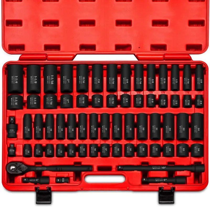 02448A 1/2-Inch Drive Impact Socket Set ¨C 65-Piece Master Kit Covering SAE (3/8¡å¨C1-1/4¡å) and Metric (10¨C24 mm). Includes Deep/Shallow Sockets. Adapters & Ratchet
