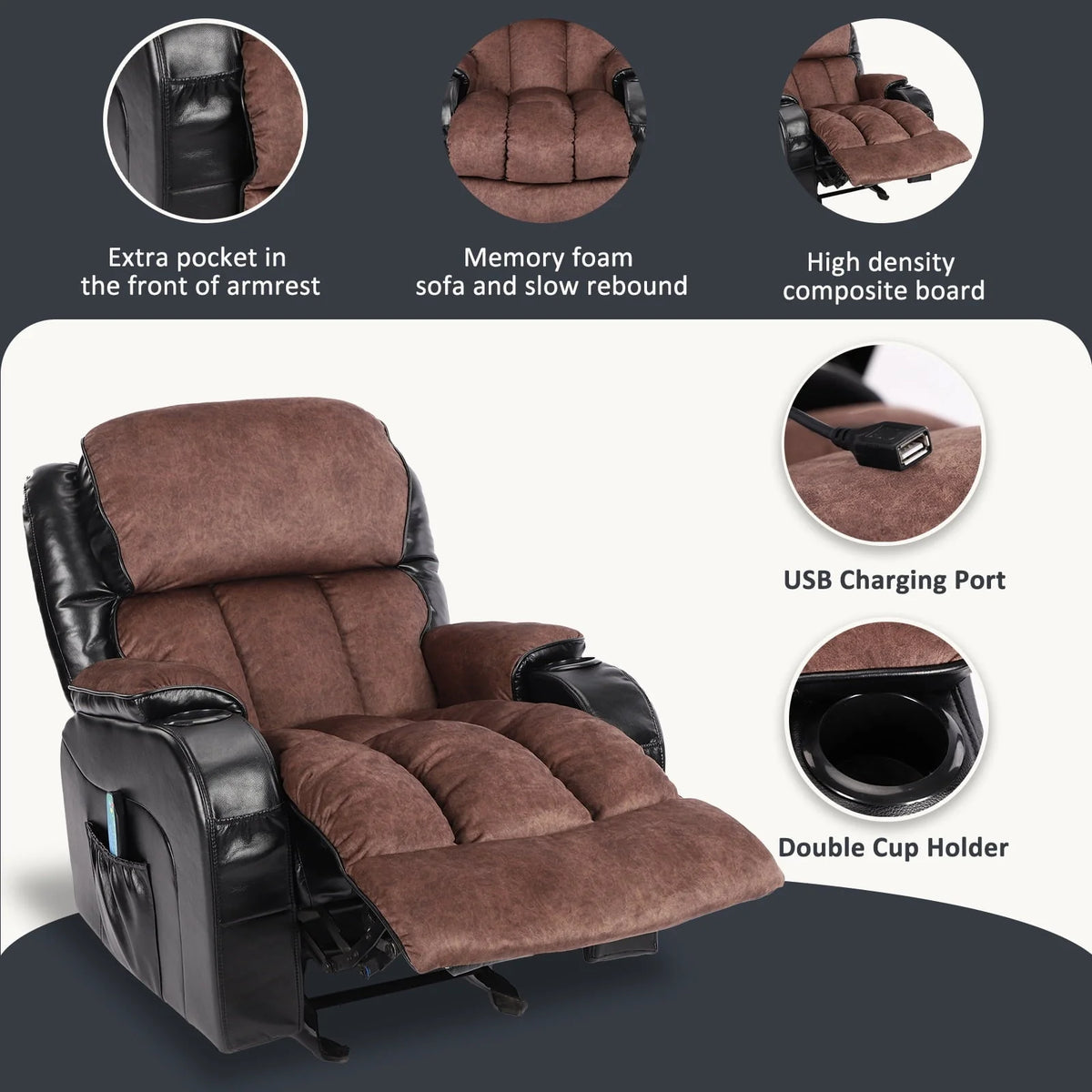 Leather Massage Recliner Chair. Modern Electric Power Rocker with Heated Massage. Ergonomic Lounge Chair. SEGMART Single Sofa Seat with Drink Holders for Living Room. Black and Brown