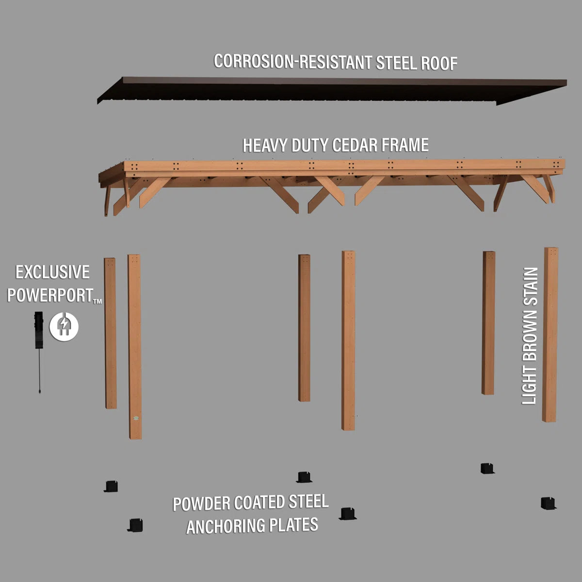 Backyard Discovery Arcadia 20' x 9.5' Cedar Wood Outdoor Patio Gazebo with Hardtop Galvanized Steel Slope Roof and PowerPort