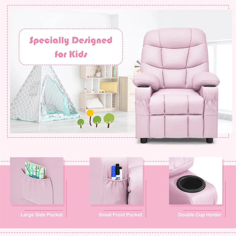 Kids Recliner Chair PU Leather Adjustable Lounge Sofa with Cup Holder. 3 Pockets & Retractable Footrest. Ergonomic Toddler Furniture Sofa