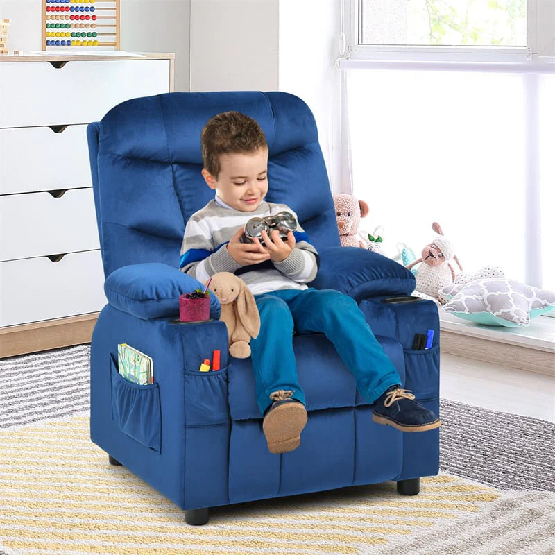 Kids Recliner Chair Adjustable Velvet Lounge Sofa with Cup Holders. 3 Pockets. Retractable Footrest. Toddler Furniture Sofa for Boys Girls Room