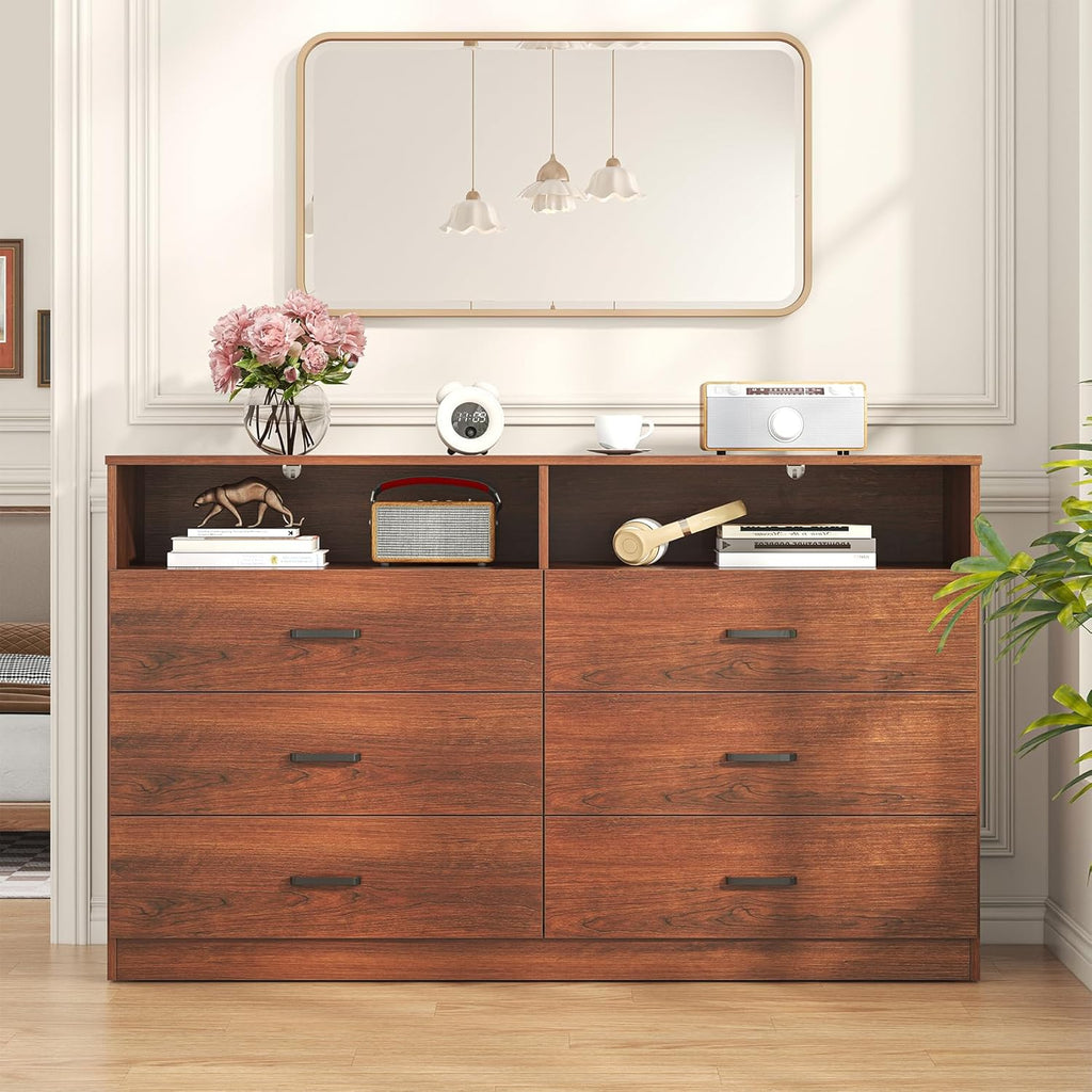 Bigbiglife Wood Dresser for Bedroom. 6 Drawer Double Dresser. Modern Chest of Drawers with Deep Drawers. Large Storage Organizer for Living Room. Closet