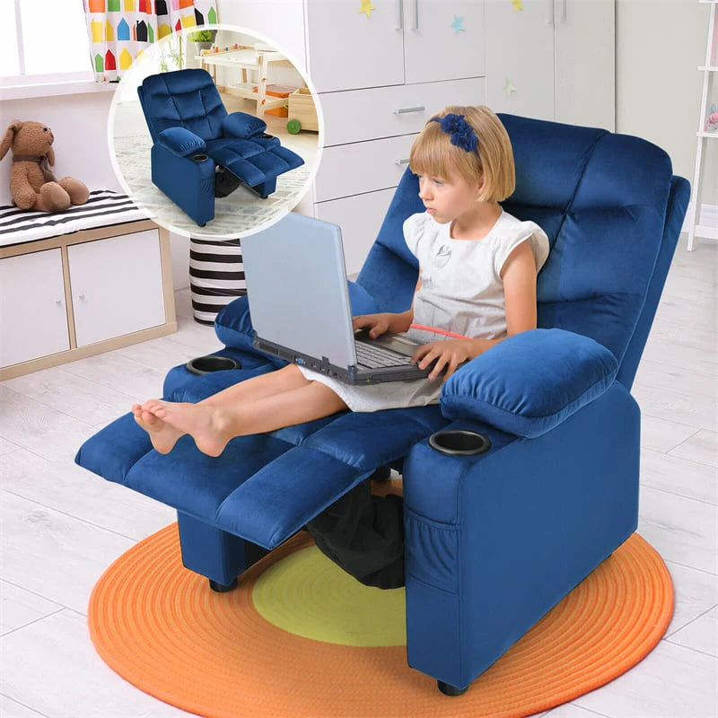 Kids Recliner Chair Adjustable Velvet Lounge Sofa with Cup Holders. 3 Pockets. Retractable Footrest. Toddler Furniture Sofa for Boys Girls Room