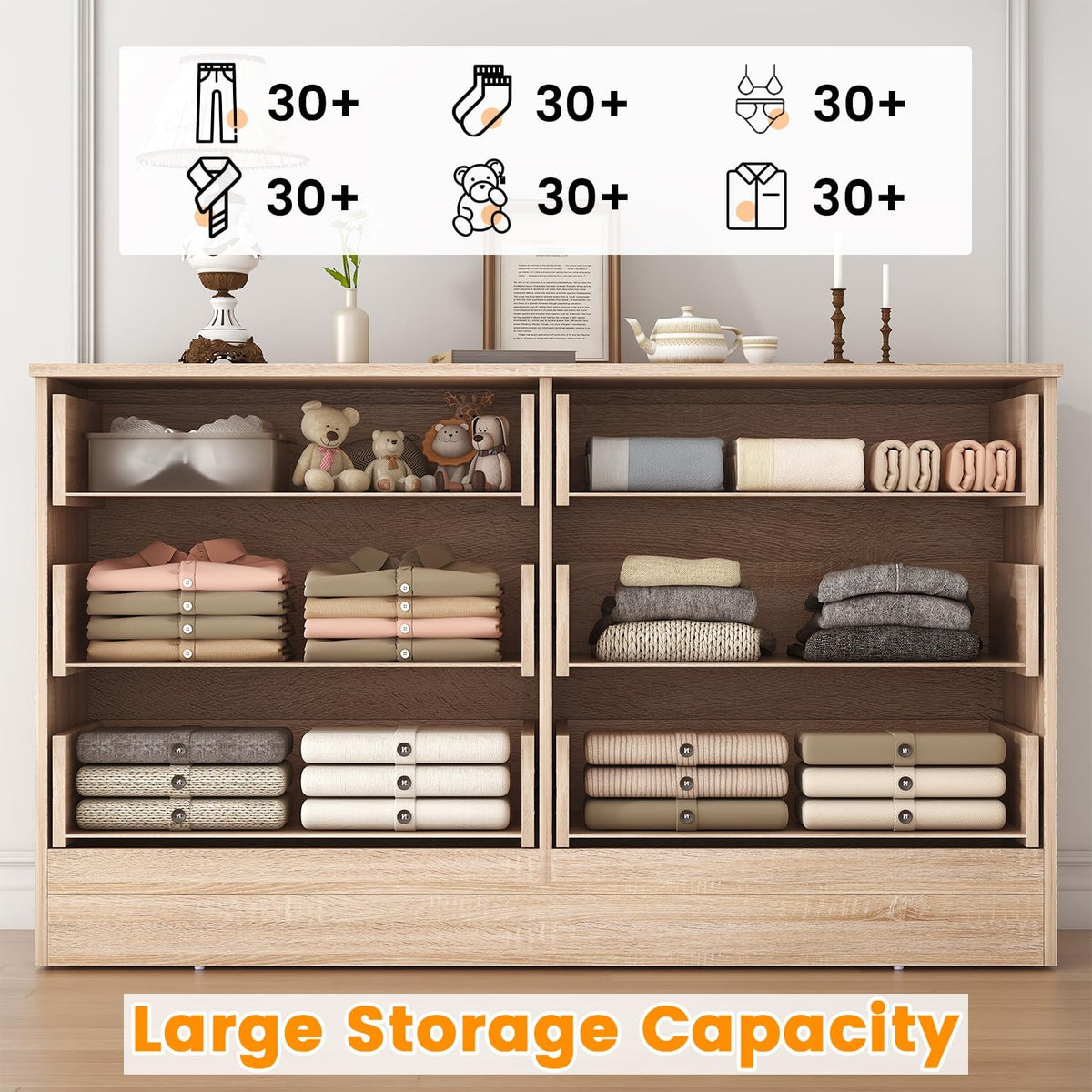 Bigbiglife Wood Dresser for Bedroom. 6 Drawer Double Dresser. Modern Chest of Drawers with Deep Drawers. Large Storage Organizer for Living Room. Closet