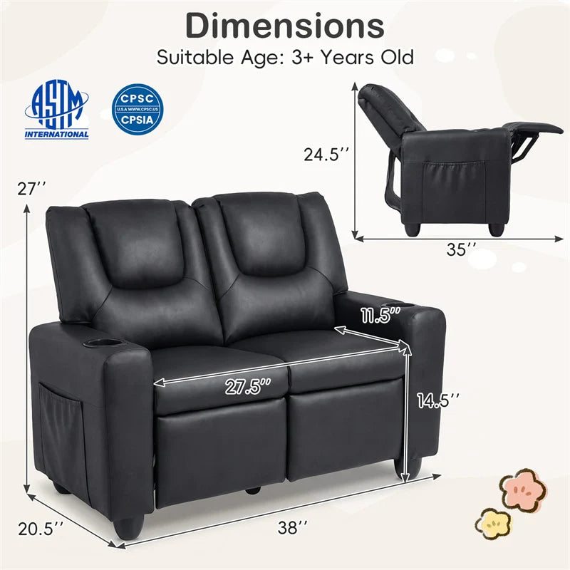 2-Seater Kids Recliner. PU Leather Reclining Loveseat with Cup Holders & 2 Side Storage Pockets. Adjustable Double Toddler Sofa for Boys Girls