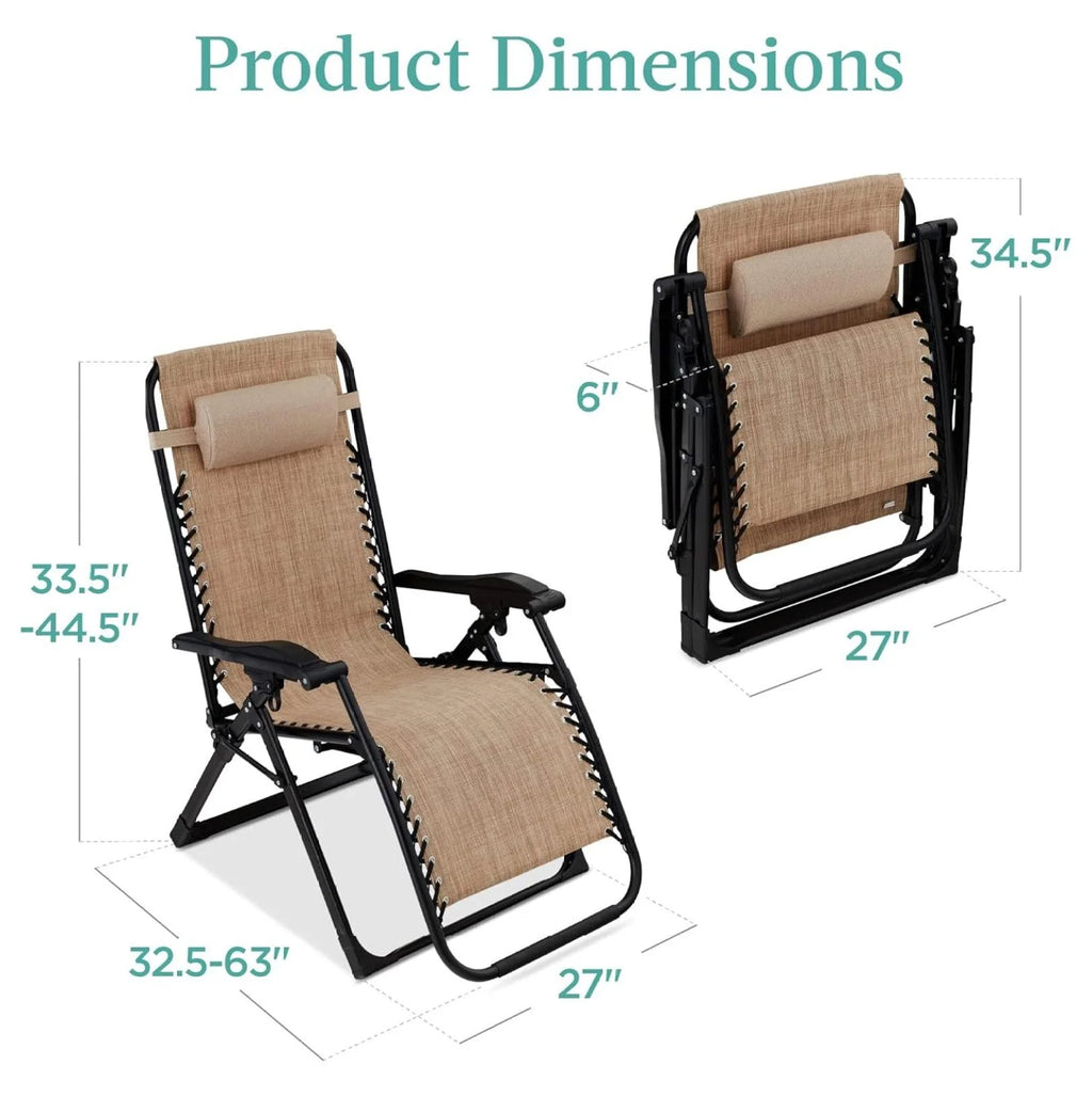 Oversized Chair. Folding Outdoor Patio Recliner. XL Anti Gravity Lounger W/Removable Cushion. Cup Holder. Side Tray. 350 lb Capacity - Taupe