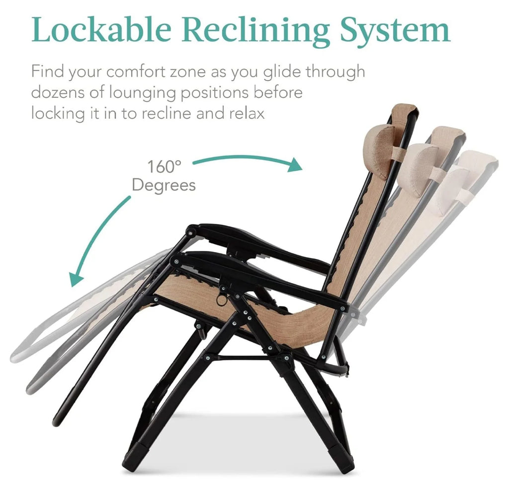 Oversized Chair. Folding Outdoor Patio Recliner. XL Anti Gravity Lounger W/Removable Cushion. Cup Holder. Side Tray. 350 lb Capacity - Taupe