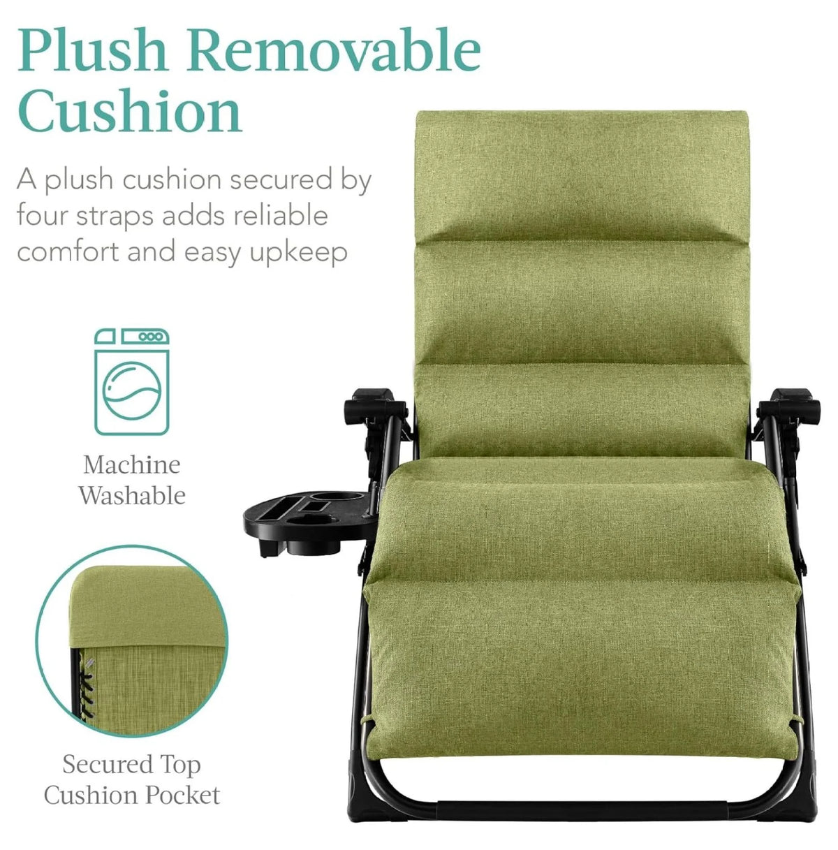 Oversized Chair. Folding Outdoor Patio Recliner. XL Anti Gravity Lounger W/Removable Cushion. Cup Holder. Side Tray. 350 lb Capacity - Taupe