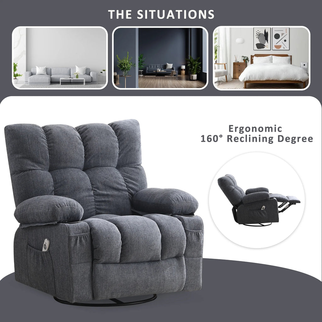 JONPONY Manual Recliner Chair with Heat Therapy and Massage Function. Heavy Duty Reclining Mechanism Massage Chair. Elderly Single Rocker Sofa with Cup Holders for Bedroom Home Theater. Grey