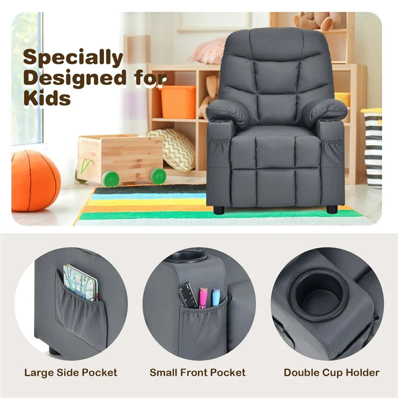 Kids Recliner Chair PU Leather Adjustable Lounge Sofa with Cup Holder. 3 Pockets & Retractable Footrest. Ergonomic Toddler Furniture Sofa