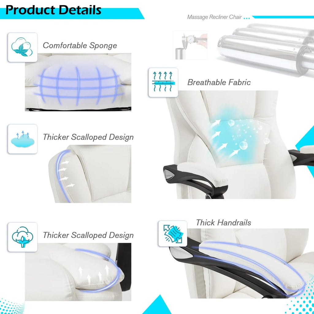 AECOJOY Office Chair with 7 Points Vibration Massage&Heat. Adjustable Ergonomic Recliner. Cream White