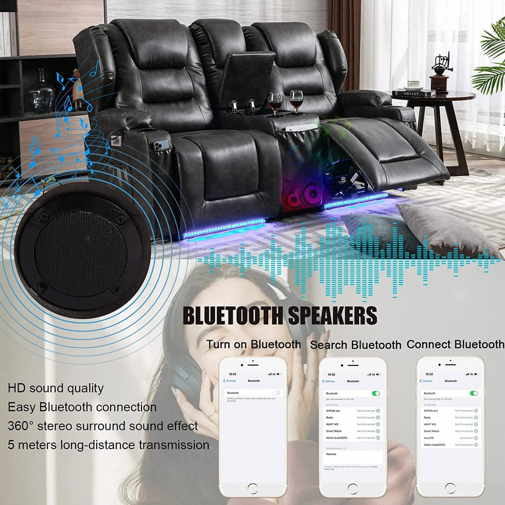 IPKIG Electric Home Theater Seating - Power Recline Chair Loveseat RV Sofa with Console. 67 Double Recliner 2 - Seater RV Couch with Storage/USB Charging/Lighting/Cup Holders for Living Room