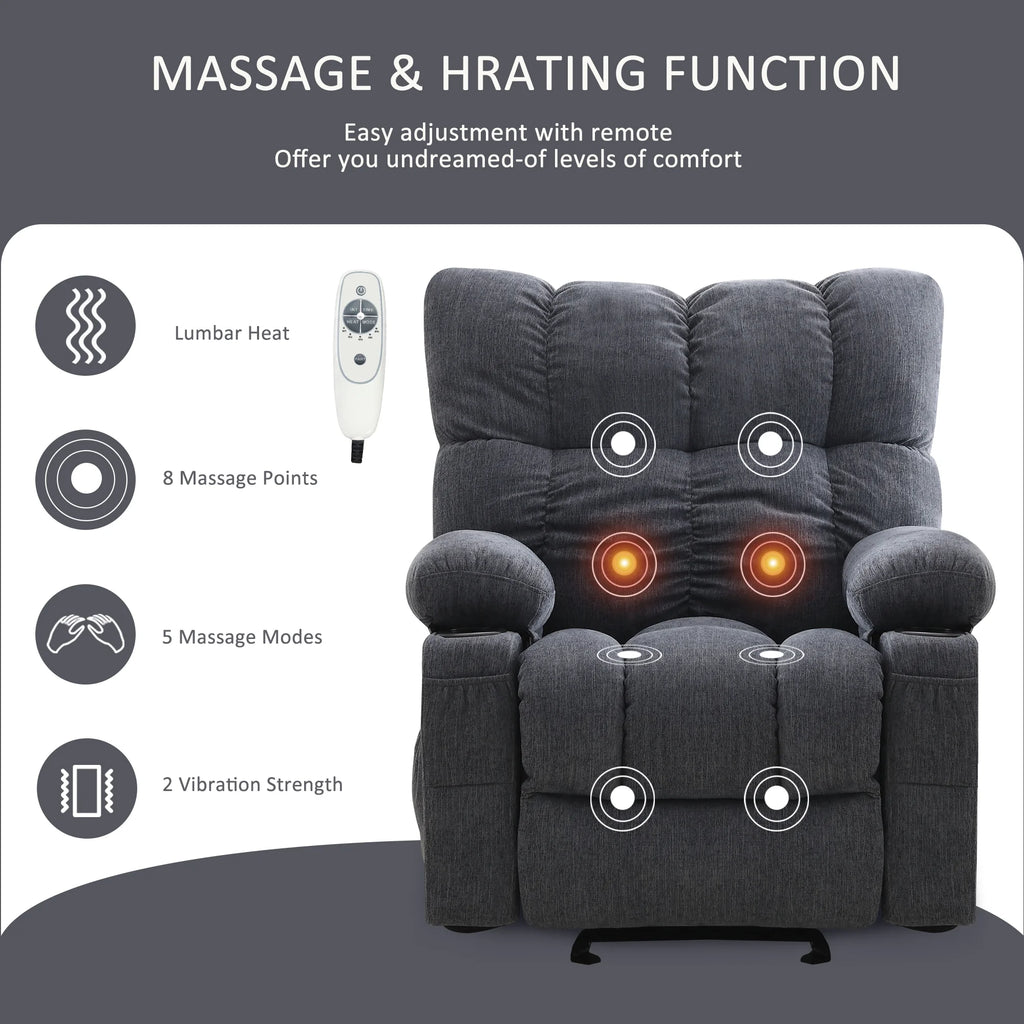 JONPONY Manual Recliner Chair with Heat Therapy and Massage Function. Heavy Duty Reclining Mechanism Massage Chair. Elderly Single Rocker Sofa with Cup Holders for Bedroom Home Theater. Grey