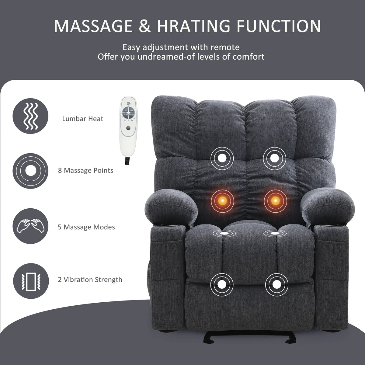 JONPONY Manual Recliner Chair with Heat Therapy and Massage Function. Heavy Duty Reclining Mechanism Massage Chair. Elderly Single Rocker Sofa with Cup Holders for Bedroom Home Theater. Grey