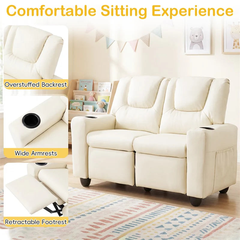 2-Seater Kids Recliner. PU Leather Reclining Loveseat with Cup Holders & 2 Side Storage Pockets. Adjustable Double Toddler Sofa for Boys Girls
