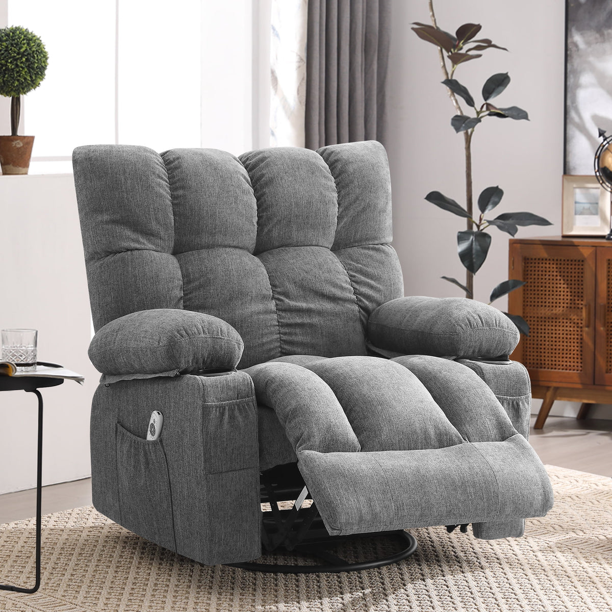 JONPONY Manual Recliner Chair with Heat Therapy and Massage Function. Heavy Duty Reclining Mechanism Massage Chair. Elderly Single Rocker Sofa with Cup Holders for Bedroom Home Theater. Grey
