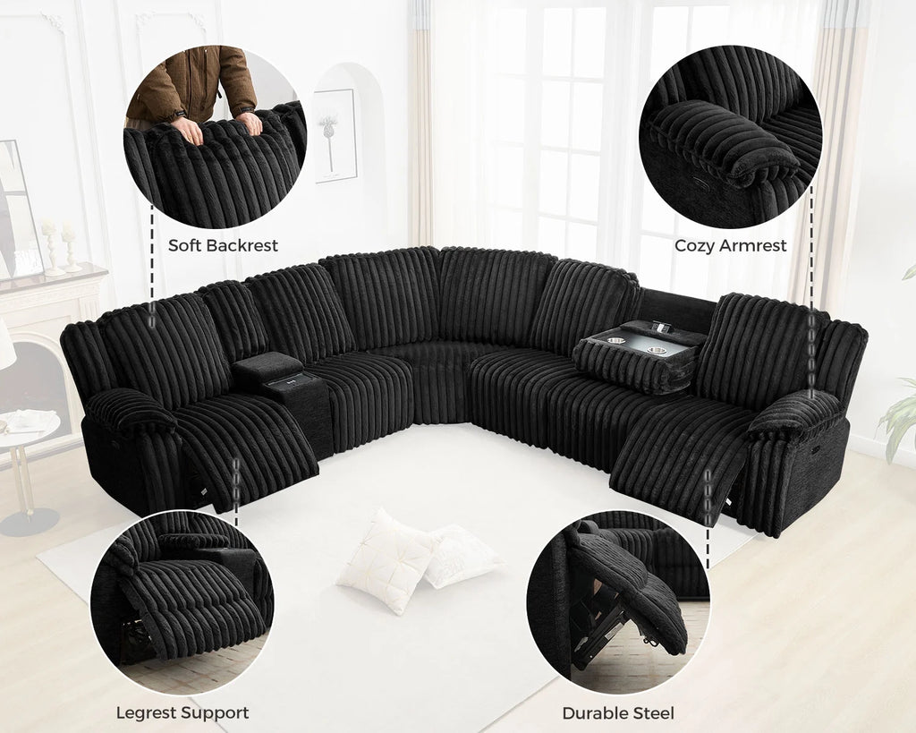 Power Reclining Sectional Sofa with Wireless Charger. 6 - Seater Faux Fur Sectional with Recliners. Hidden Cup Holders. Storage Console. USB & Type - C Ports. Black