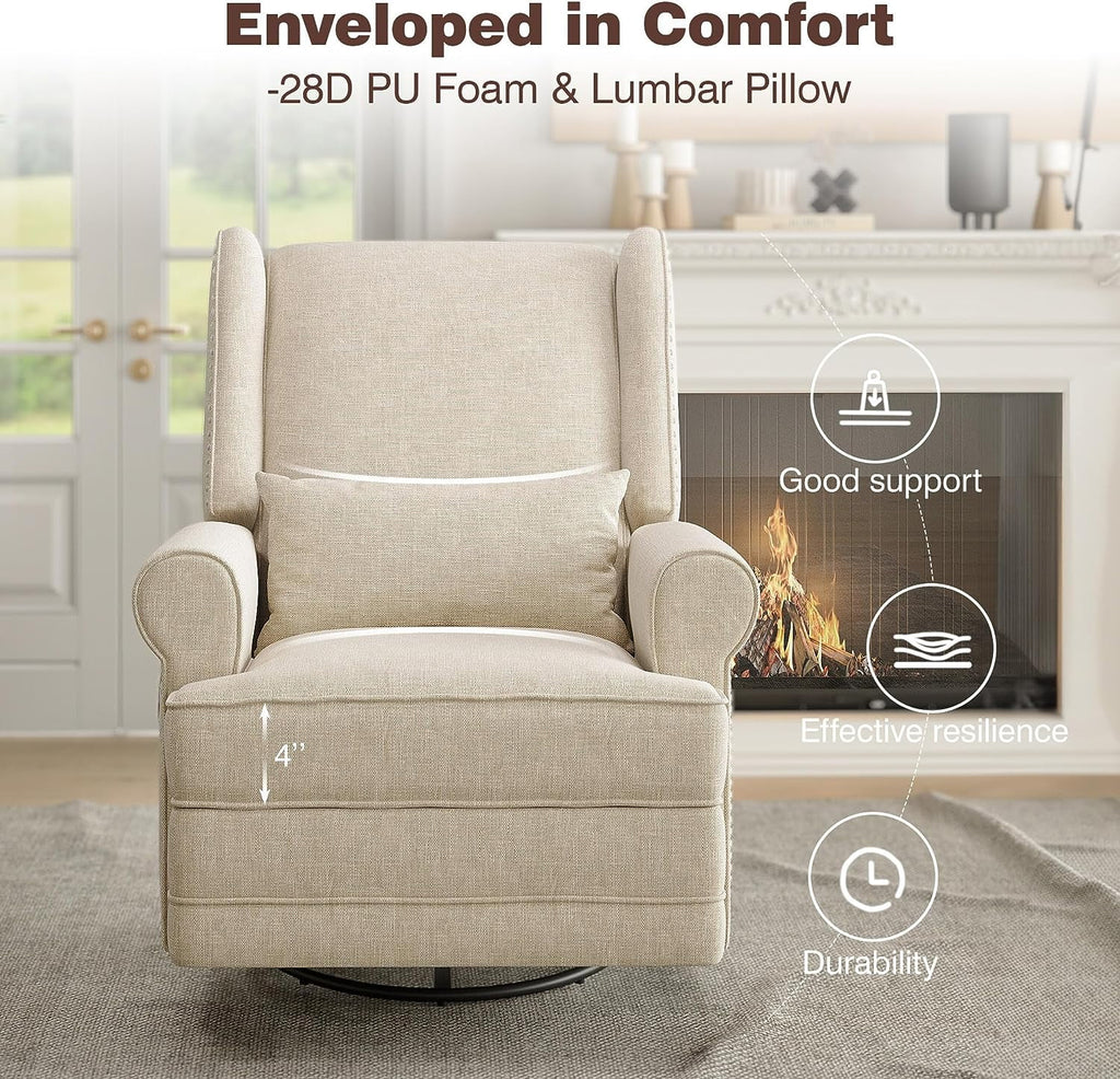 Royalcraft Swivel Nursery Glider Recliner. Comfy Upholstered Glider Chair with Lumbar Pillow and Footrest. Beige