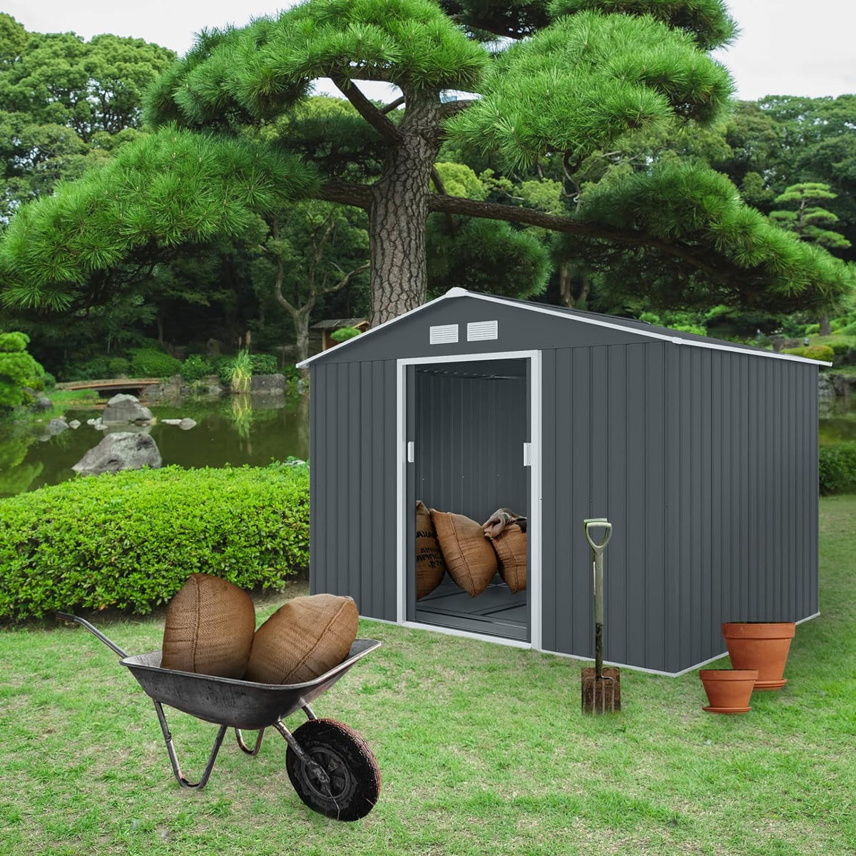 Metal Tool Shed. 277 cm x 191 cm x 192 cm. Garden Shed with Saddle Roof (Anthracite)