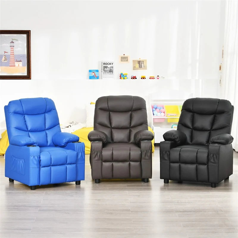 Kids Recliner Chair PU Leather Adjustable Lounge Sofa with Cup Holder. 3 Pockets & Retractable Footrest. Ergonomic Toddler Furniture Sofa