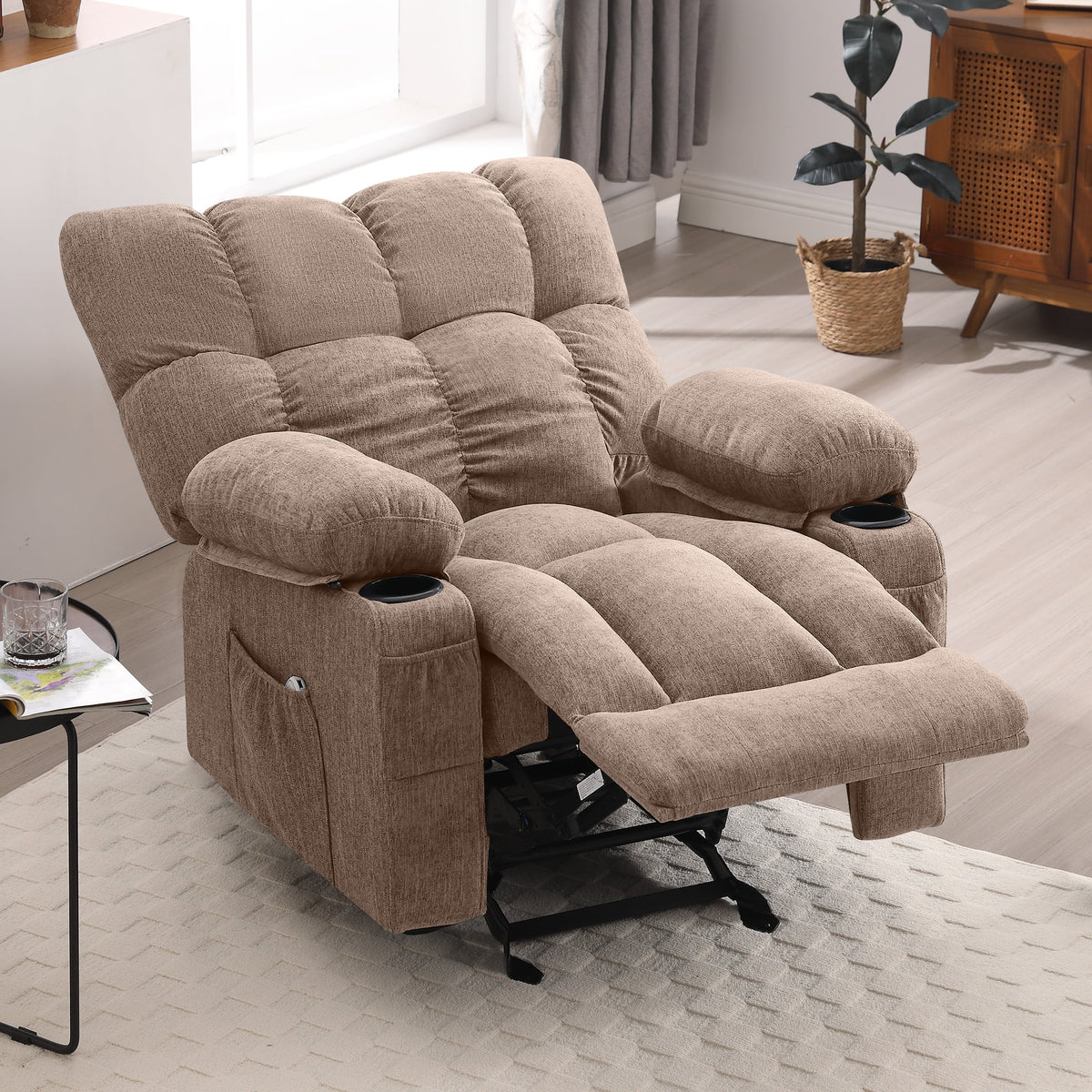 JONPONY Manual Recliner Chair with Heat Therapy and Massage Function. Heavy Duty Reclining Mechanism Massage Chair. Elderly Single Rocker Sofa with Cup Holders for Bedroom Home Theater. Grey
