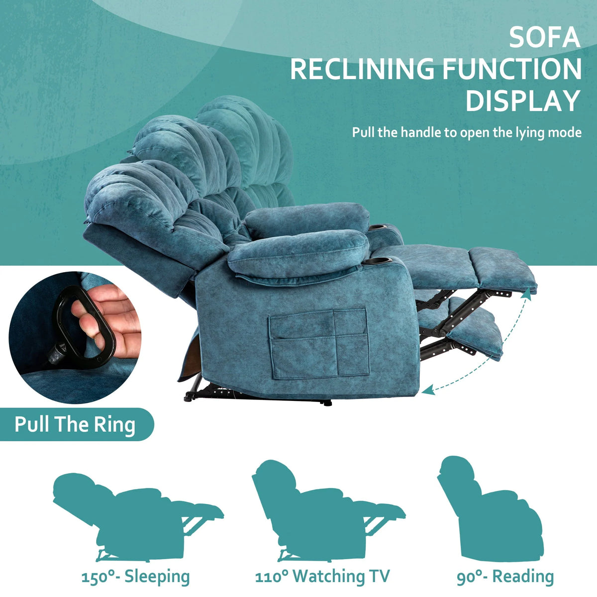 Colerline 40.9 Wide Super Soft and Oversize Modern Design Velvet Upholstered Manual Recliner Chair with Heating and Massage. Green