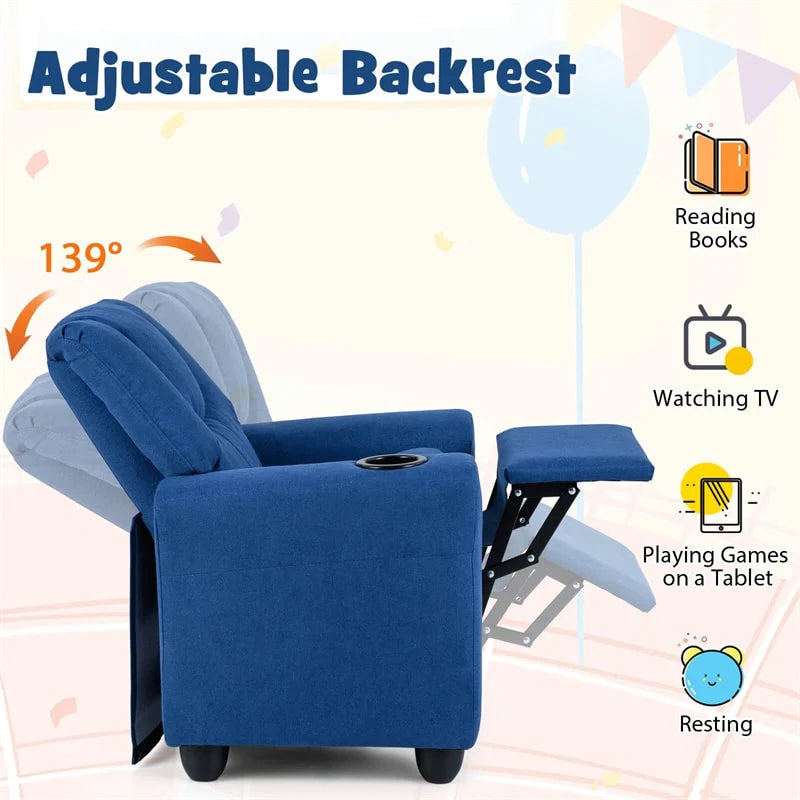 Kids Recliner Chair with Cup Holder & Side Pocket. Adjustable Toddler Lounge Sofa. Ergonomic Children Armchairs for Boys Girls Age 3+. 150lbs