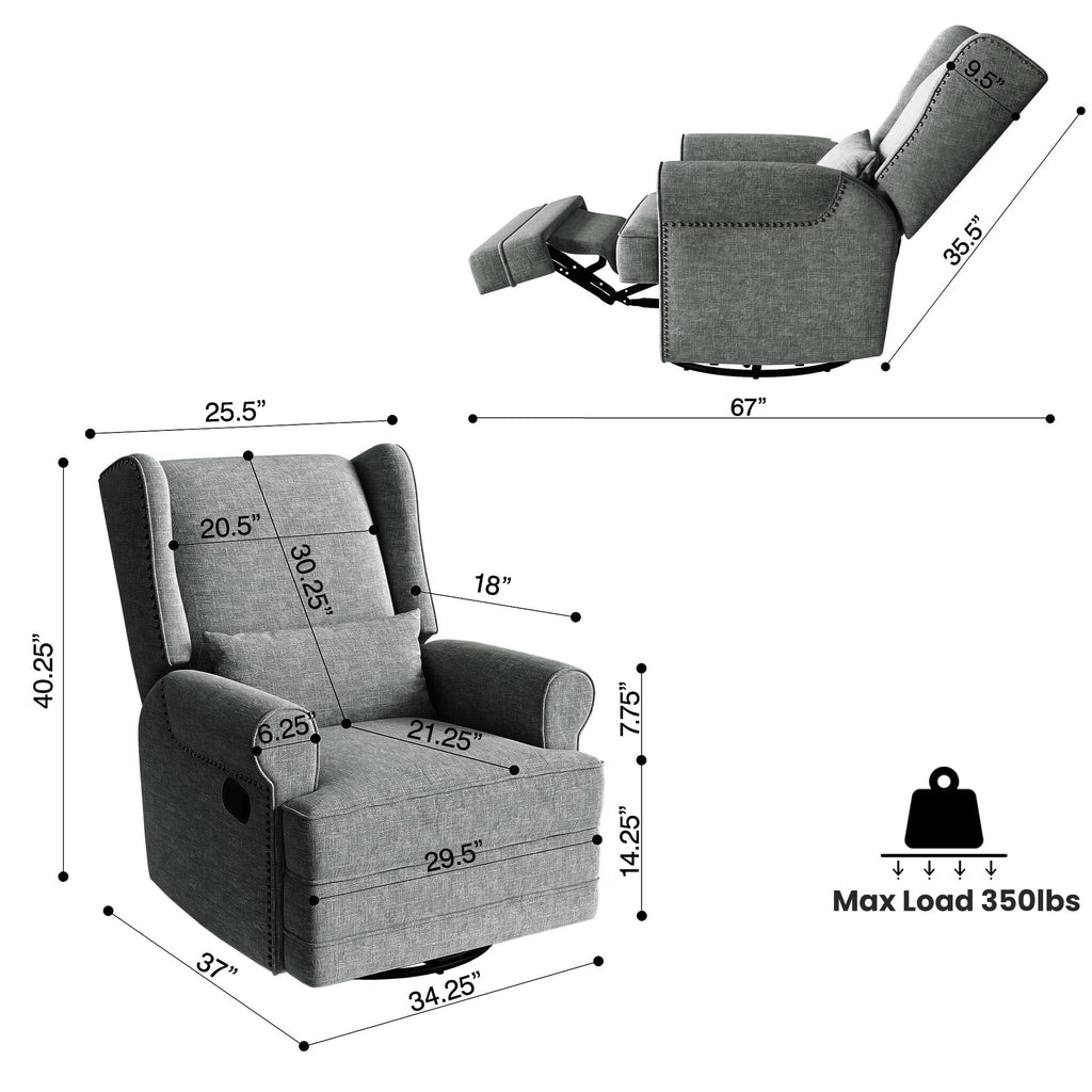 Royalcraft Swivel Nursery Glider Recliner. Comfy Upholstered Glider Chair with Lumbar Pillow and Footrest. Beige