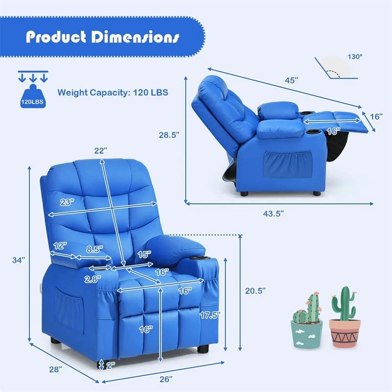 Kids Recliner Chair PU Leather Adjustable Lounge Sofa with Cup Holder. 3 Pockets & Retractable Footrest. Ergonomic Toddler Furniture Sofa