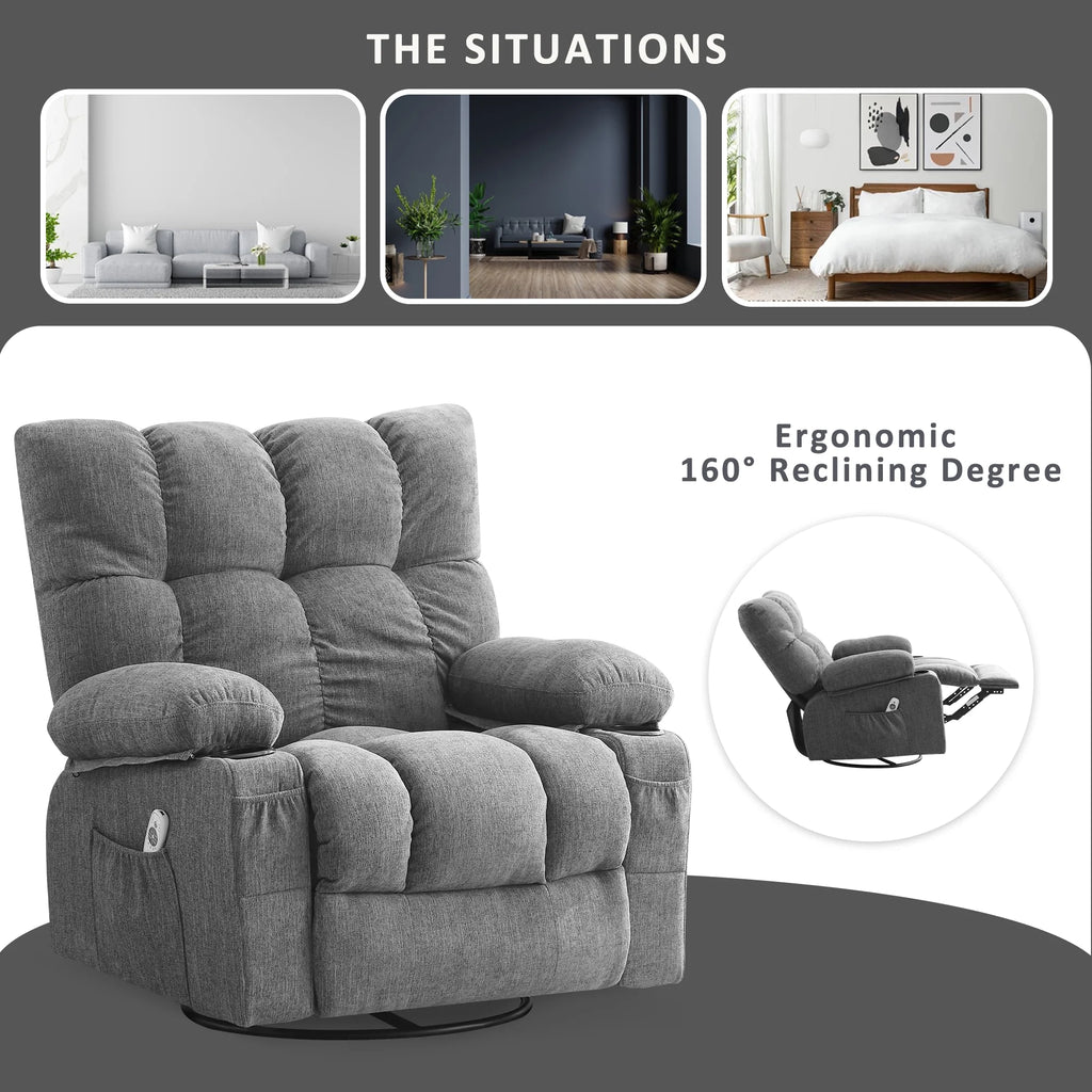 JONPONY Manual Recliner Chair with Heat Therapy and Massage Function. Heavy Duty Reclining Mechanism Massage Chair. Elderly Single Rocker Sofa with Cup Holders for Bedroom Home Theater. Grey