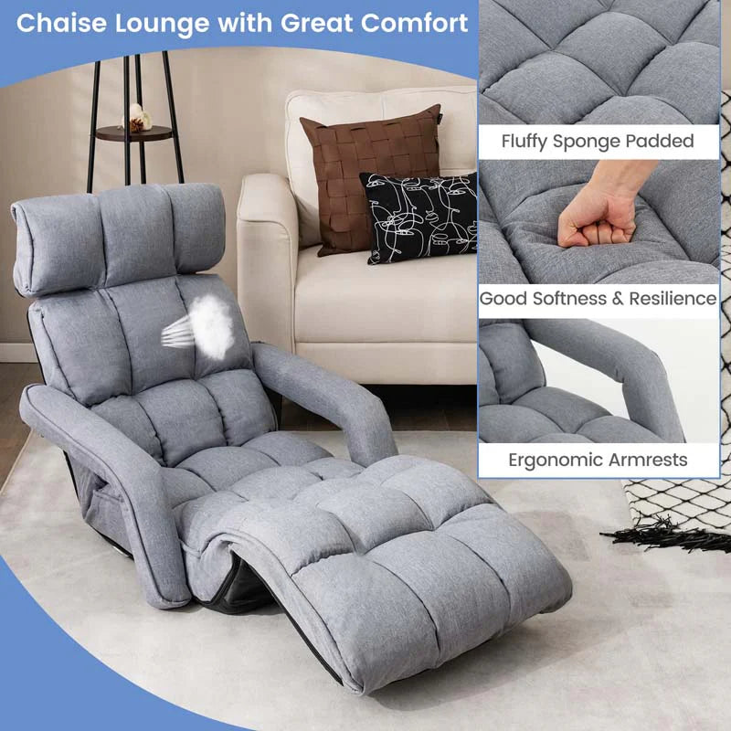 6-Position Adjustable Floor Sofa Bed. Folding Lazy Sofa Chaise Lounger Recliner with Armrests & Footrests for Living Room. Bedroom & Gaming