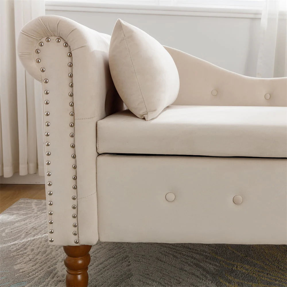 Storage Chaise Lounge. Upholstered Rolled Arm Chase Lounge with Nailhead Trim. Recliner Lounge Chair for Living Room Bedroom