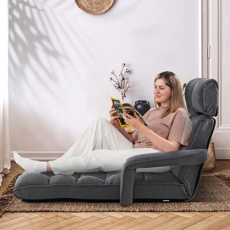 6-Position Adjustable Floor Sofa Bed. Folding Lazy Sofa Chaise Lounger Recliner with Armrests & Footrests for Living Room. Bedroom & Gaming