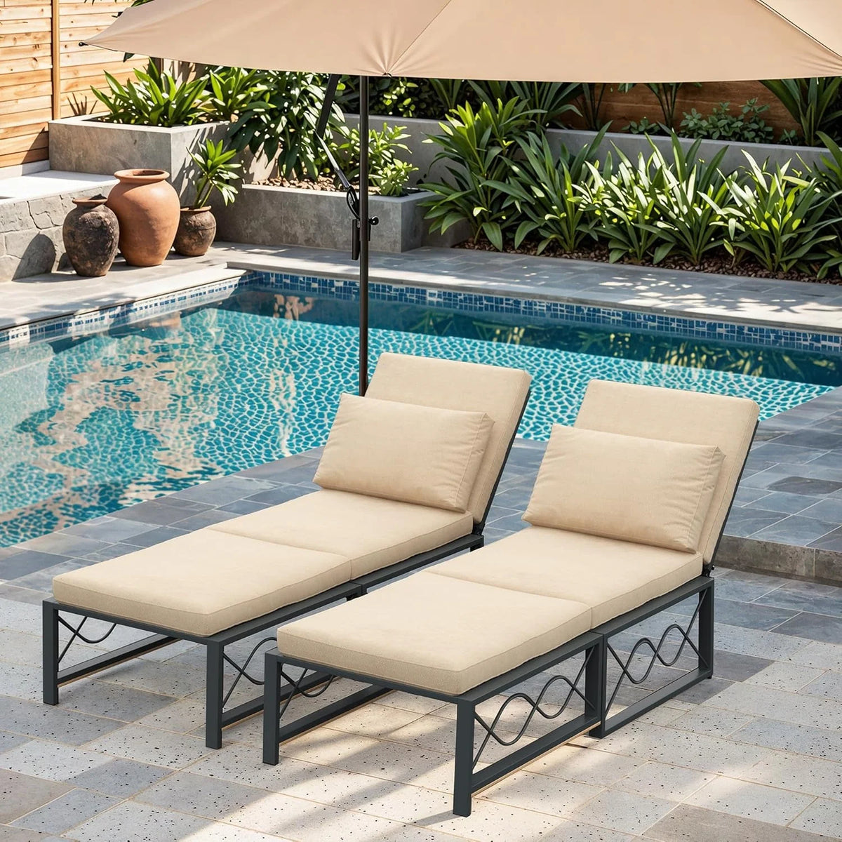 AECOJOY Outdoor Metal Chaise Lounge Chair. Convertible Patio Armchair with Cushions. Adjustable 5-Position Recliner