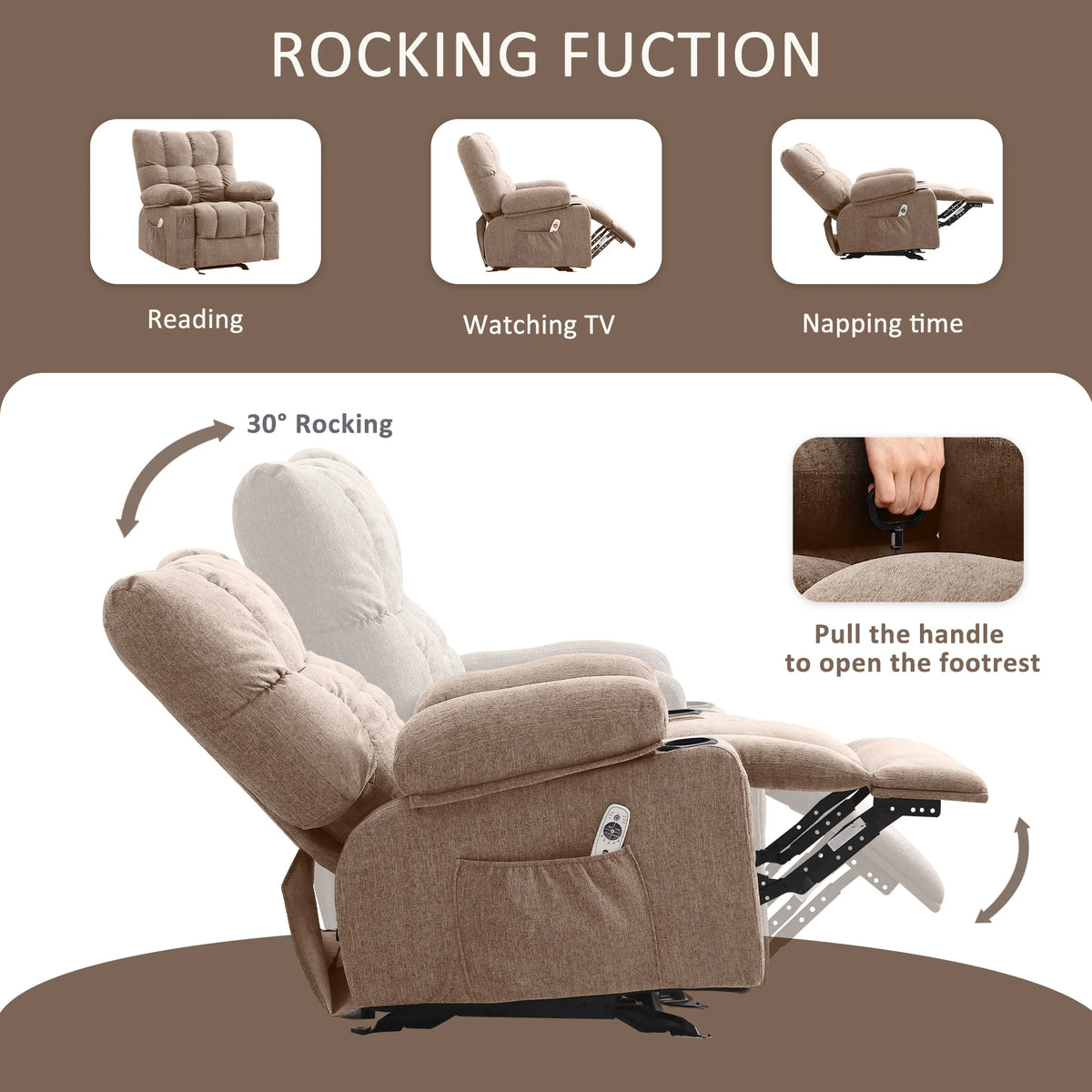 JONPONY Manual Recliner Chair with Heat Therapy and Massage Function. Heavy Duty Reclining Mechanism Massage Chair. Elderly Single Rocker Sofa with Cup Holders for Bedroom Home Theater. Grey