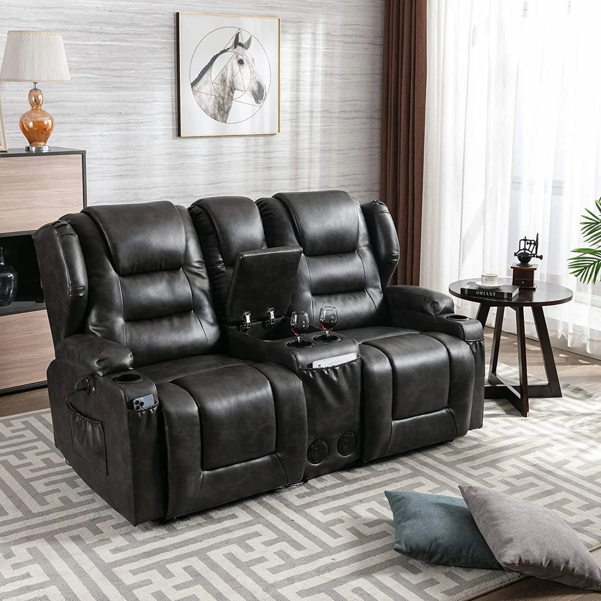 IPKIG Electric Home Theater Seating - Power Recline Chair Loveseat RV Sofa with Console. 67 Double Recliner 2 - Seater RV Couch with Storage/USB Charging/Lighting/Cup Holders for Living Room