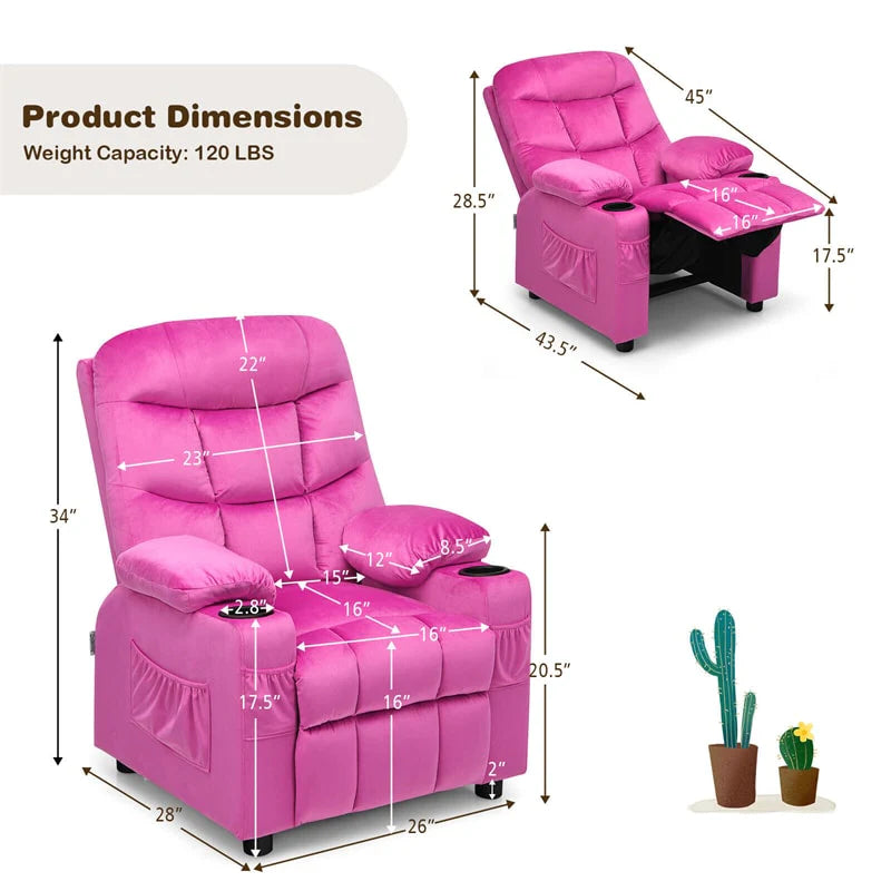 Kids Recliner Chair Adjustable Velvet Lounge Sofa with Cup Holders. 3 Pockets. Retractable Footrest. Toddler Furniture Sofa for Boys Girls Room