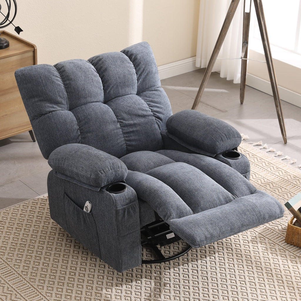 JONPONY Manual Recliner Chair with Heat Therapy and Massage Function. Heavy Duty Reclining Mechanism Massage Chair. Elderly Single Rocker Sofa with Cup Holders for Bedroom Home Theater. Grey
