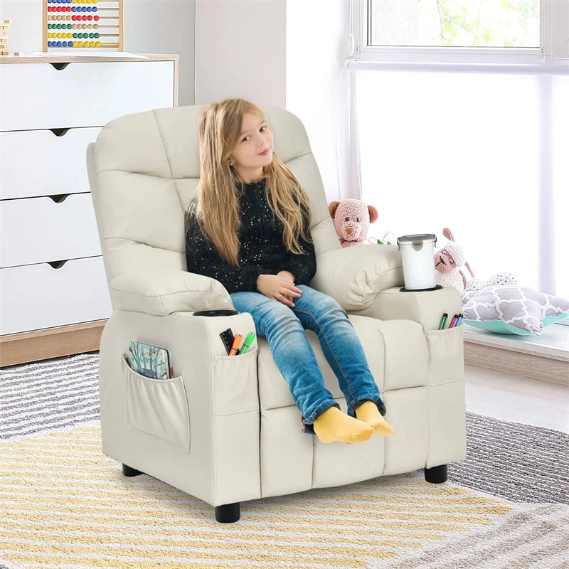 Kids Recliner Chair PU Leather Adjustable Lounge Sofa with Cup Holder. 3 Pockets & Retractable Footrest. Ergonomic Toddler Furniture Sofa