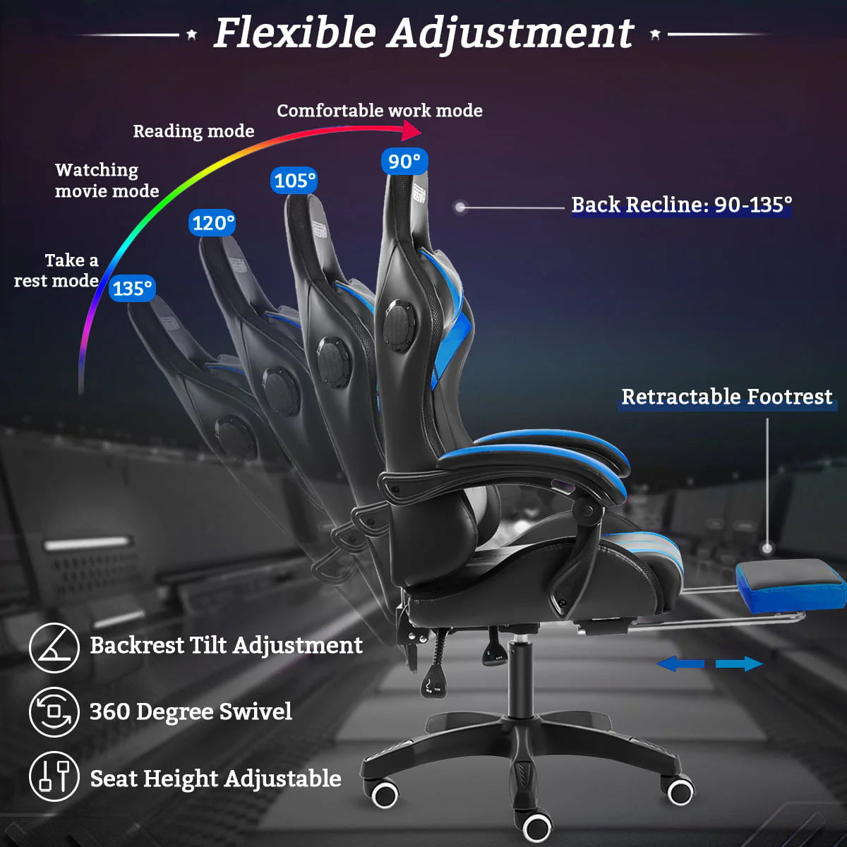 Hoffree Message Gaming Chair with RGB LED Lights. Racing Style Recliner Swivel Video Game Chair with Speakers. Adjustable Ergonomic High Back Computer Chair with Headrest & Lumbar Support