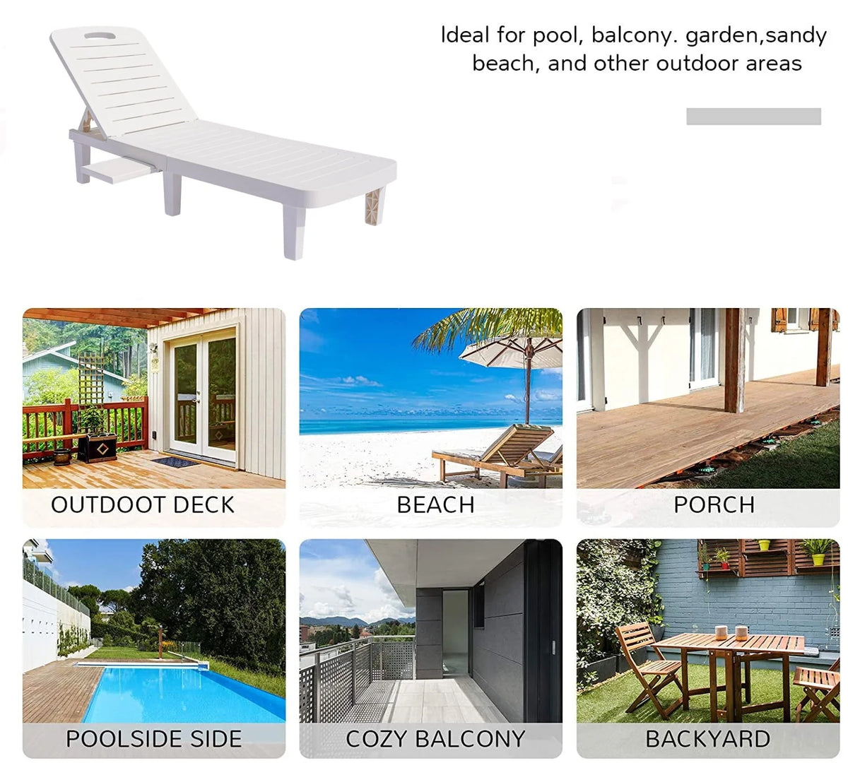 Patio Lounge Chair Set of 2. Adjustable Chaise with Side Table. Outdoor Lounger Recliner for Poolside. Patio. Backyard. Wood Texture Design | Waterproof | Easy to Assemble | Max Weight 330 lb White