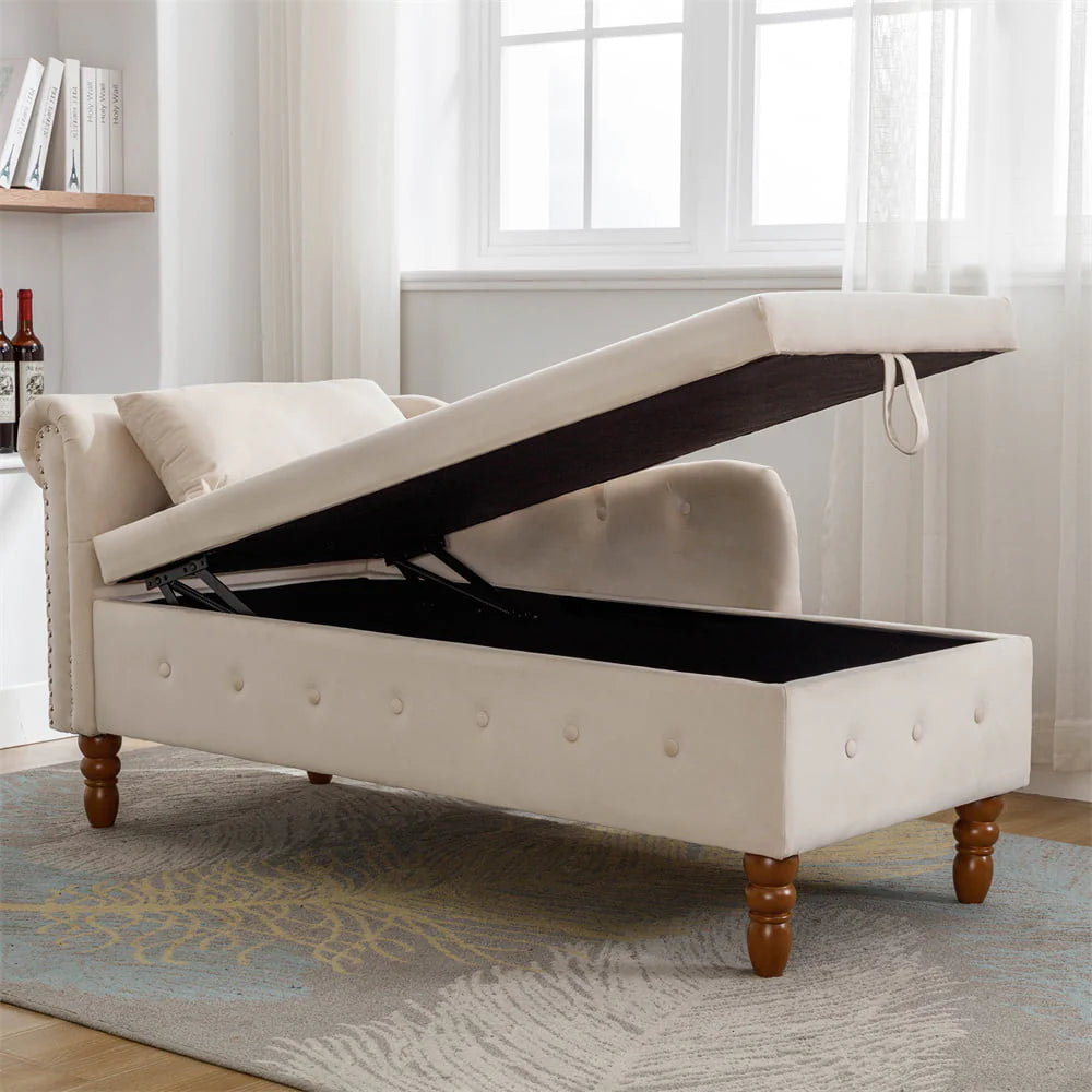 Storage Chaise Lounge. Upholstered Rolled Arm Chase Lounge with Nailhead Trim. Recliner Lounge Chair for Living Room Bedroom