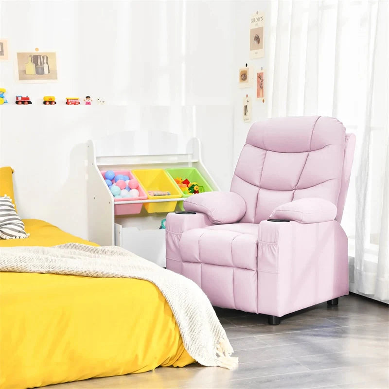 Kids Recliner Chair PU Leather Adjustable Lounge Sofa with Cup Holder. 3 Pockets & Retractable Footrest. Ergonomic Toddler Furniture Sofa