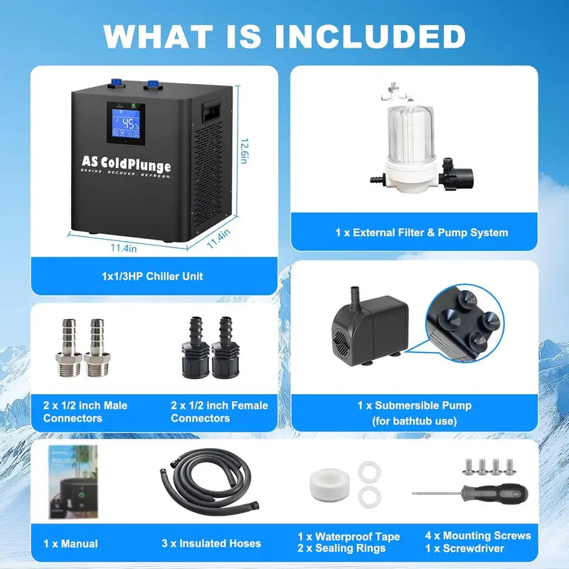 1/3 HP Cold Plunge Water Chiller: External Filter Pump &amp; Cooling System for Home Ice Bath Tubs