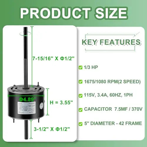 1/3 HP RV Air Conditioner Motor &amp; Capacitor - Direct Replacement for Coleman Mach. Fasco D1092 - 5-Year Warranty