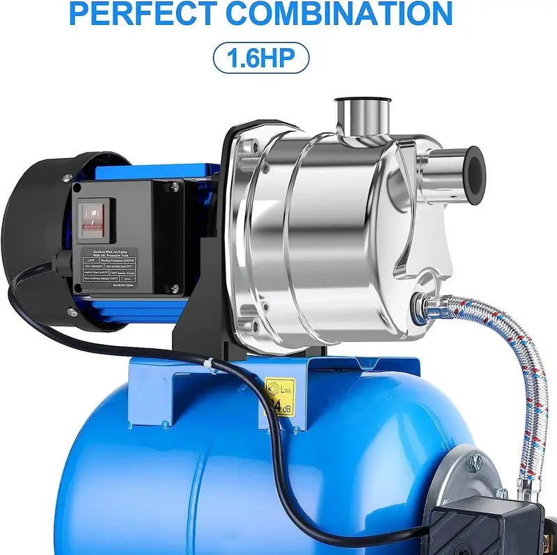 1.6 HP Stainless Steel Shallow Well Jet Pump ¨C 1268 GPH. Includes Pressure Tank for Irrigation & Home Water Systems