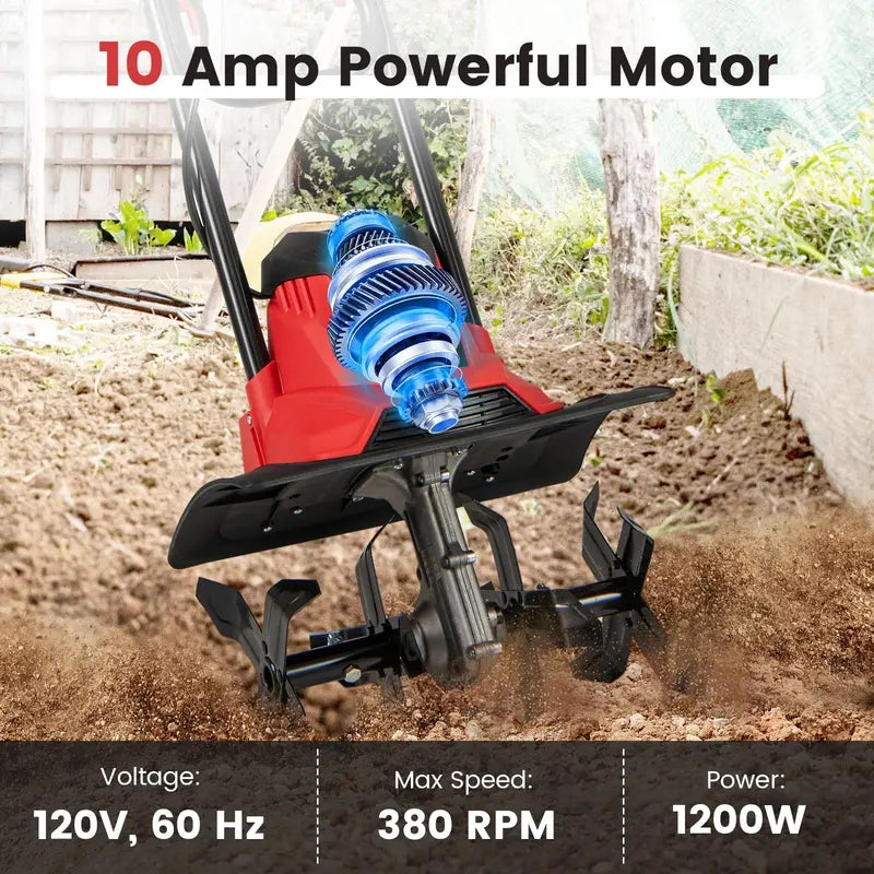 10-Amp Corded Electric Tiller ¨C Foldable Garden Cultivator for Efficient Soil Prep